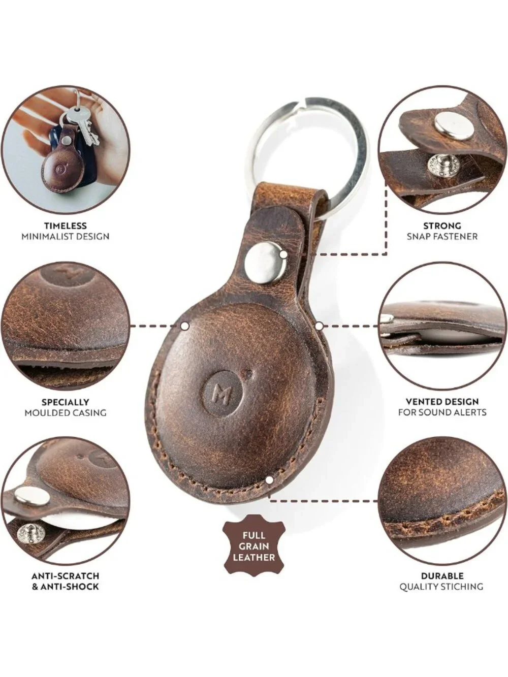 Genuine Leather AirTag Keychain Holder - Full-Grain Buffalo, Snap Closure, 4